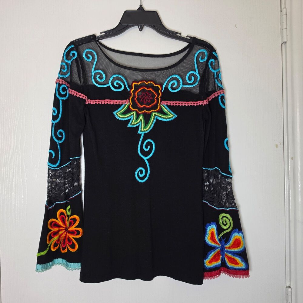 Vintage Collection Embroidered Tunic Top Blouse Black Bell Sleeves Size S